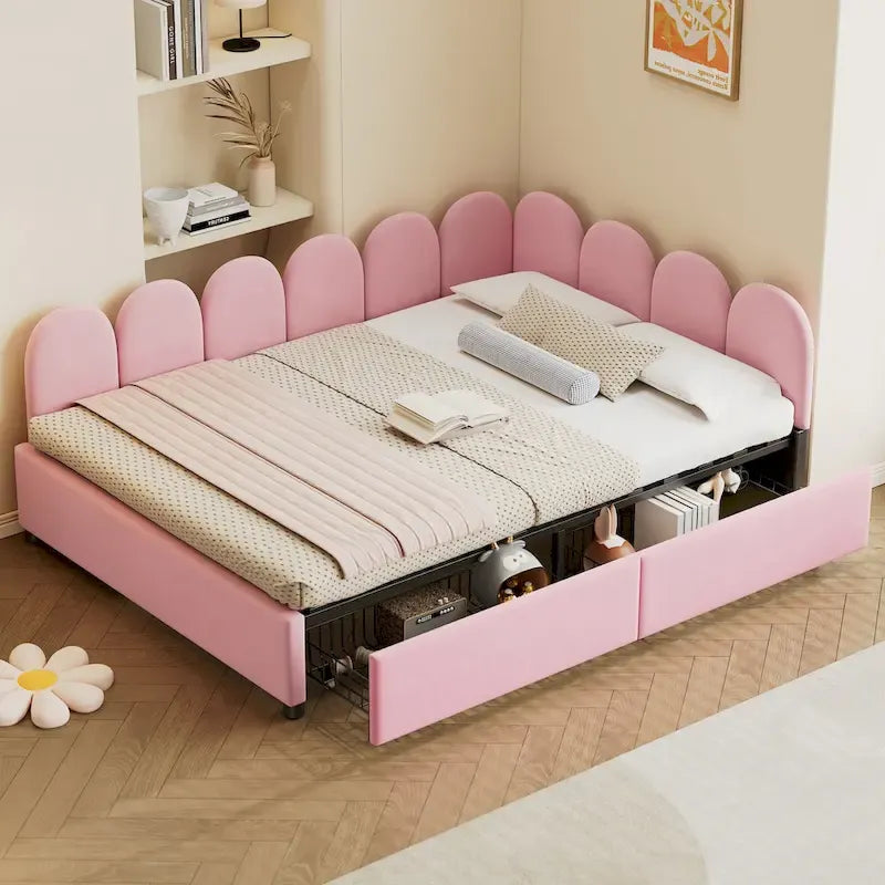 Cama diván tapizada tamaño Full con 2 cajones de almacenamiento
