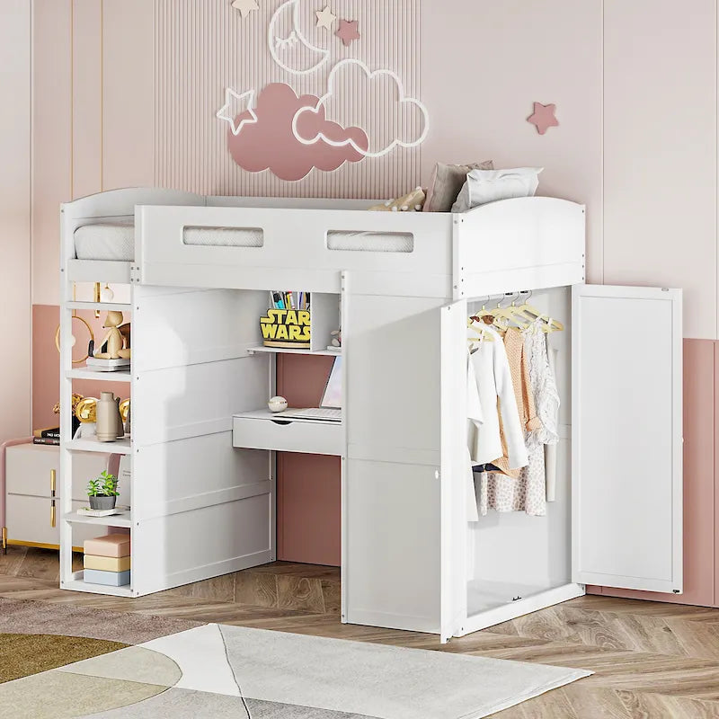 Letto a soppalco con scrivania, armadio, 4 cassetti e 4 ripiani