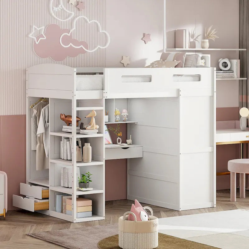 Letto a soppalco con scrivania, armadio, 4 cassetti e 4 ripiani