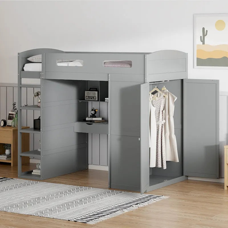 Letto a soppalco con scrivania, armadio, 4 cassetti e 4 ripiani