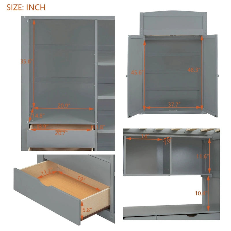 Letto a soppalco con scrivania, armadio, 4 cassetti e 4 ripiani