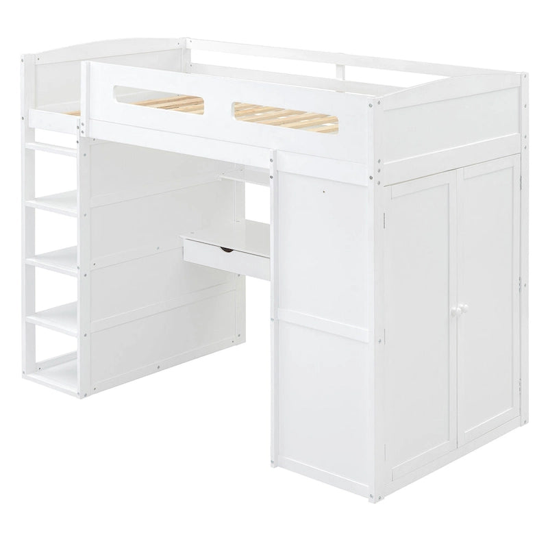 Letto a soppalco con scrivania, armadio, 4 cassetti e 4 ripiani
