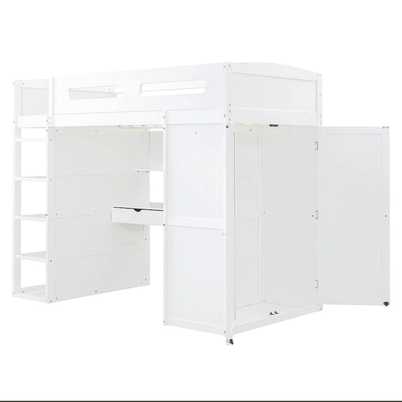 Letto a soppalco con scrivania, armadio, 4 cassetti e 4 ripiani