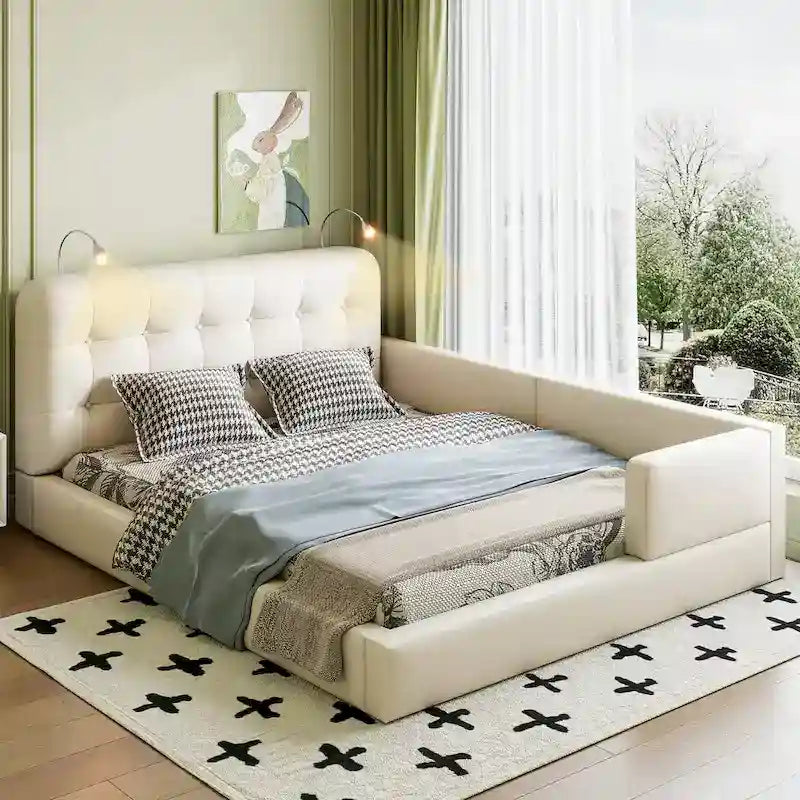 Queen Size Upholstered Bed Frame with 2 Reading Lights, PU Leather Platform Bed with Button Tufted Headboard for Bedroom
