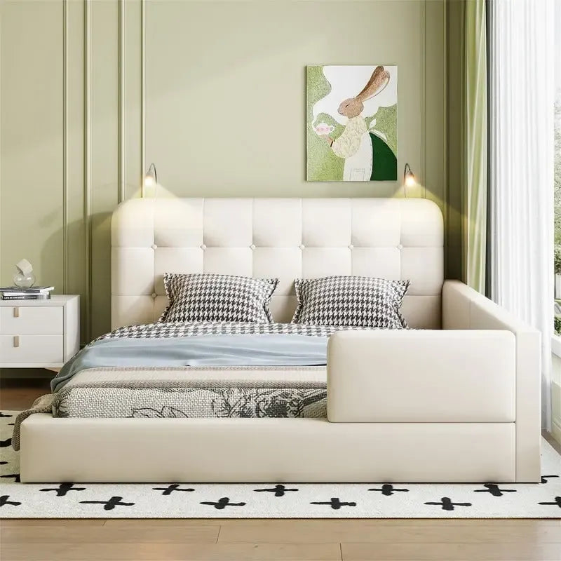 Estructura de cama tapizada tamaño Queen con luces de lectura y cabecero capitoné
