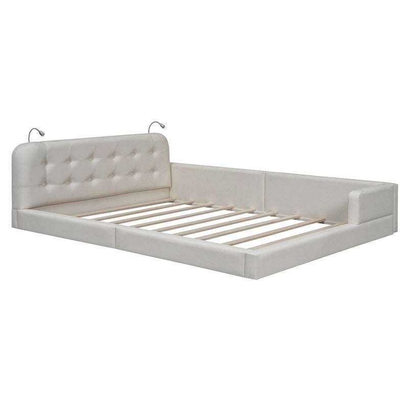 Estructura de cama tapizada tamaño Queen con luces de lectura y cabecero capitoné