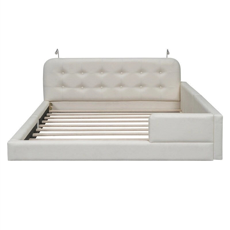 Estructura de cama tapizada tamaño Queen con luces de lectura y cabecero capitoné