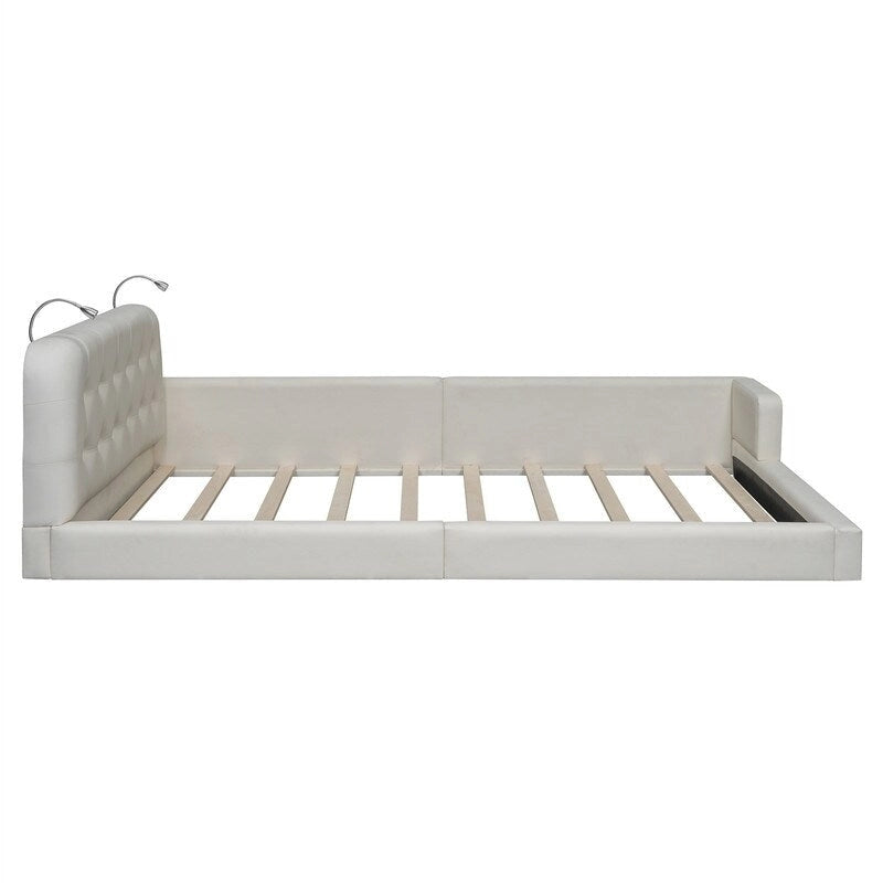 Estructura de cama tapizada tamaño Queen con luces de lectura y cabecero capitoné