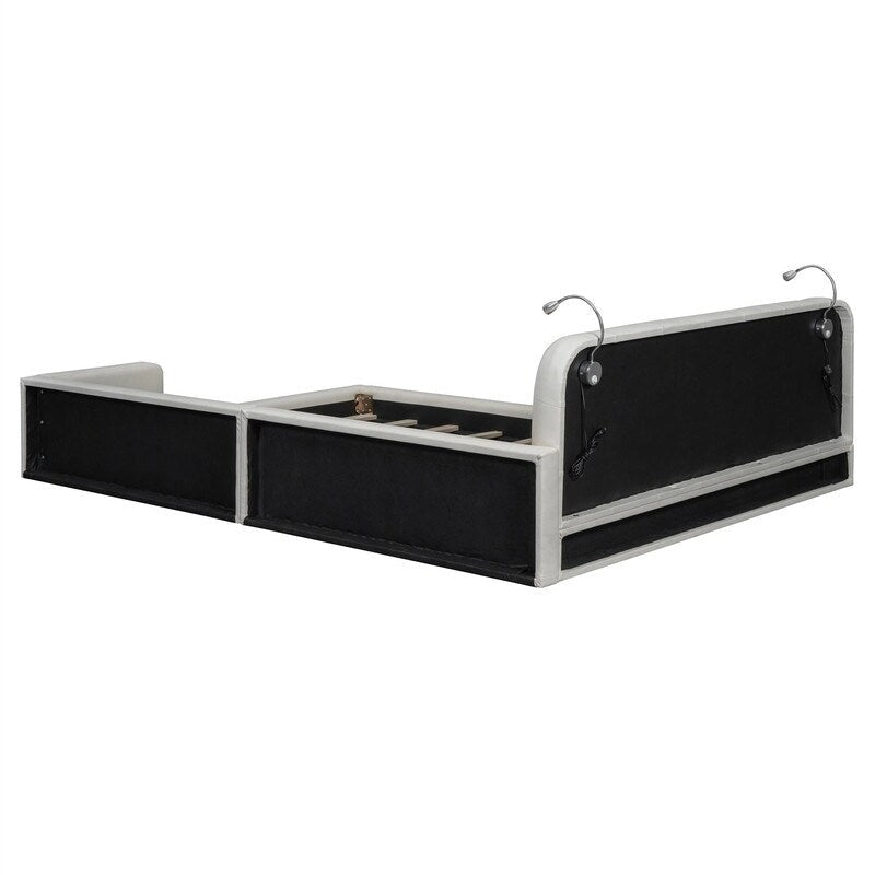 Estructura de cama tapizada tamaño Queen con luces de lectura y cabecero capitoné