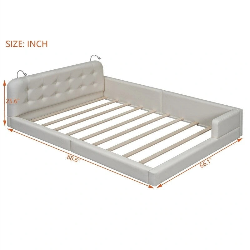 Estructura de cama tapizada tamaño Queen con luces de lectura y cabecero capitoné