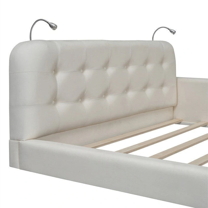 Estructura de cama tapizada tamaño Queen con luces de lectura y cabecero capitoné