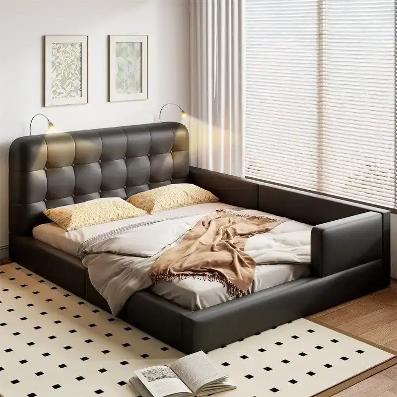 Estructura de cama tapizada tamaño Queen con luces de lectura y cabecero capitoné