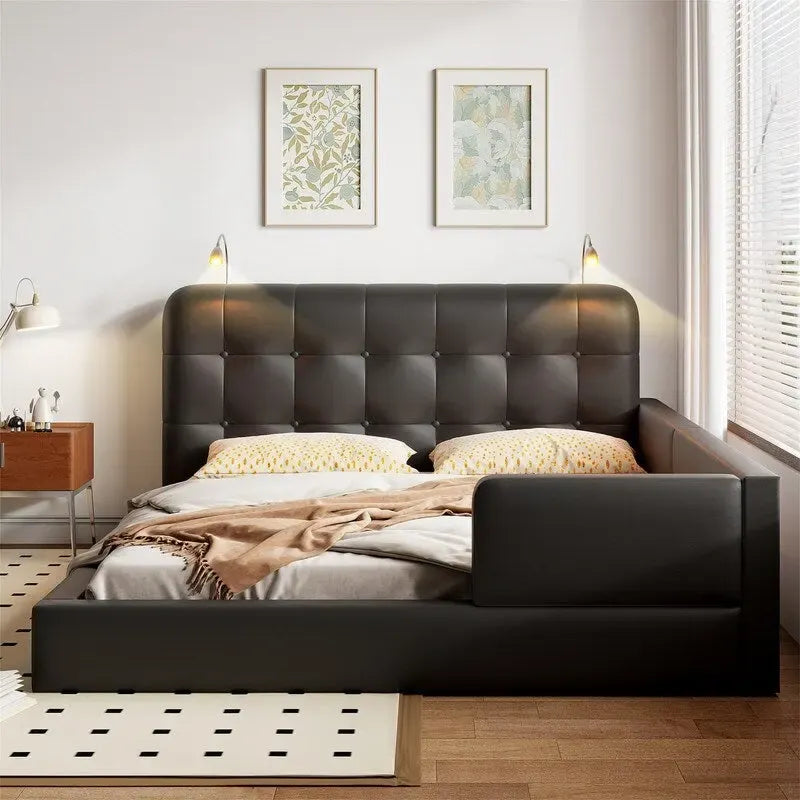 Estructura de cama tapizada tamaño Queen con luces de lectura y cabecero capitoné
