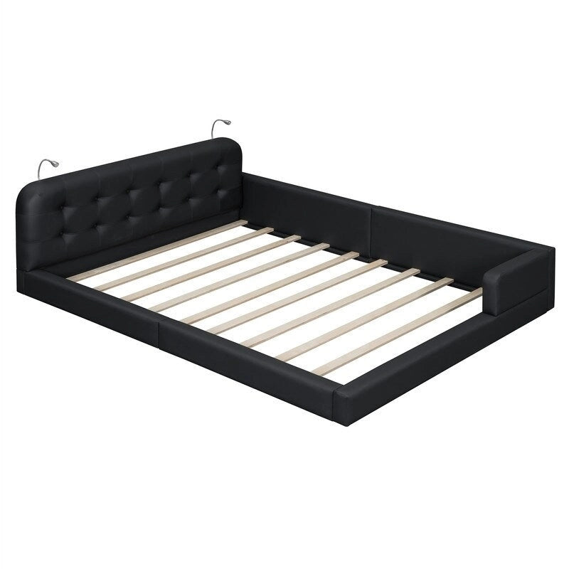 Estructura de cama tapizada tamaño Queen con luces de lectura y cabecero capitoné
