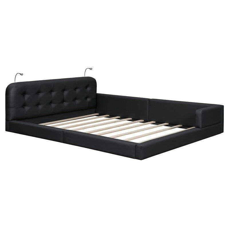 Estructura de cama tapizada tamaño Queen con luces de lectura y cabecero capitoné