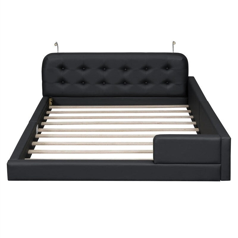 Estructura de cama tapizada tamaño Queen con luces de lectura y cabecero capitoné
