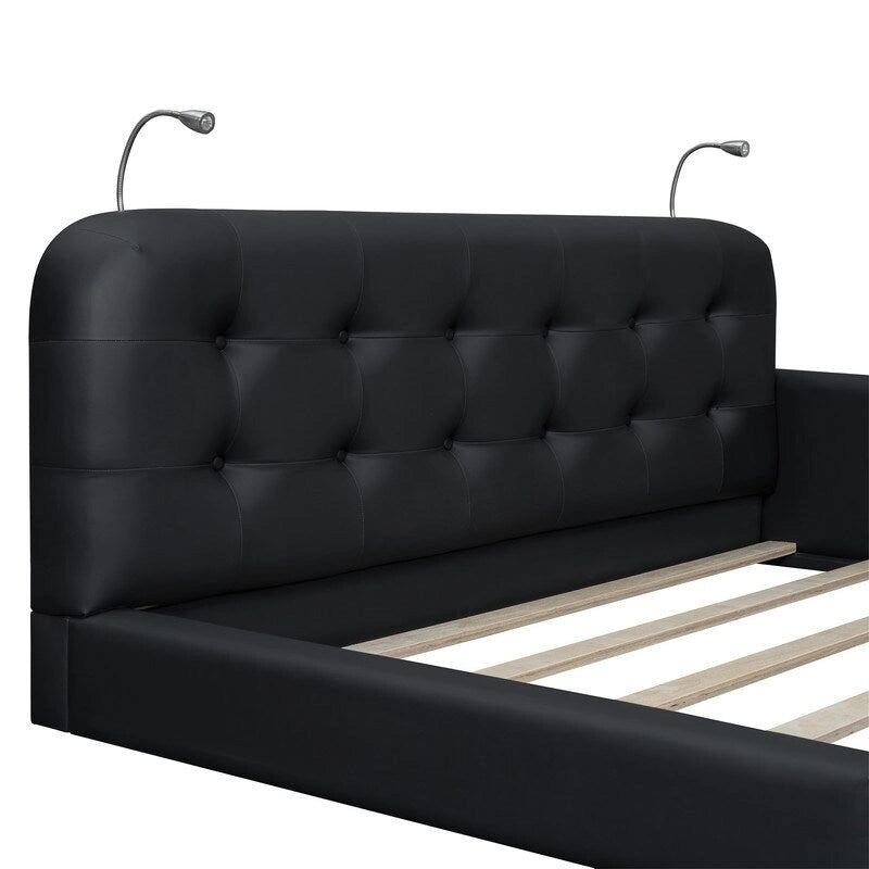 Estructura de cama tapizada tamaño Queen con luces de lectura y cabecero capitoné
