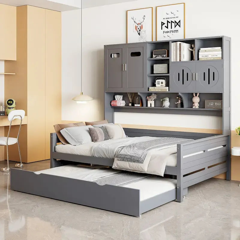 Full Size Daybed with Twin Size Trundle, Solid Wood Day Bed Frame w/All-in-One Cabinet and Shelf Compact Bedroom Daybed