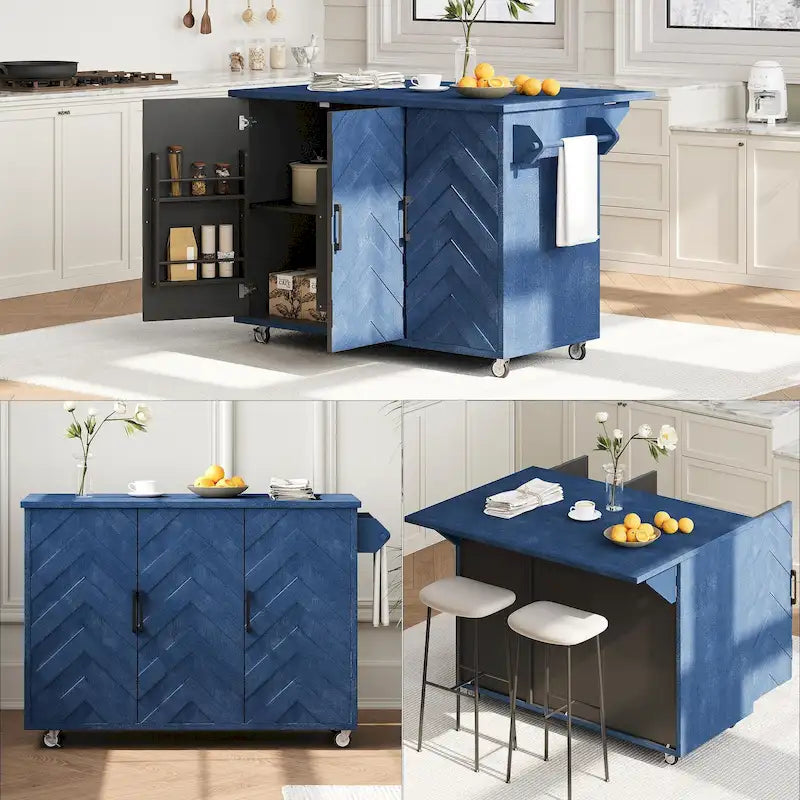 Îlot de cuisine roulant de 51.2" avec rallonge rabattable et placards de rangement