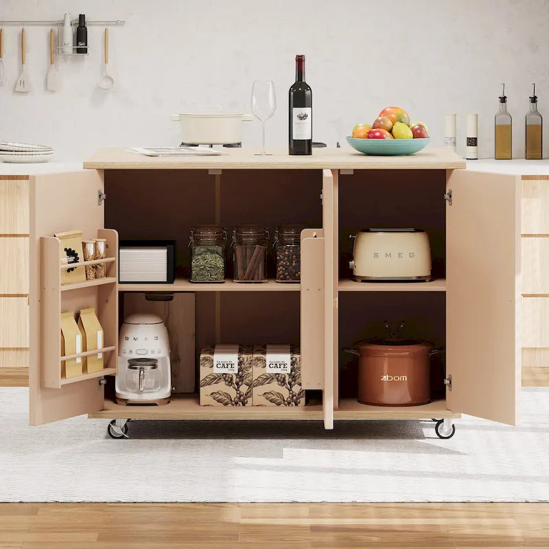 Îlot de cuisine roulant de 51.2" avec rallonge rabattable et placards de rangement