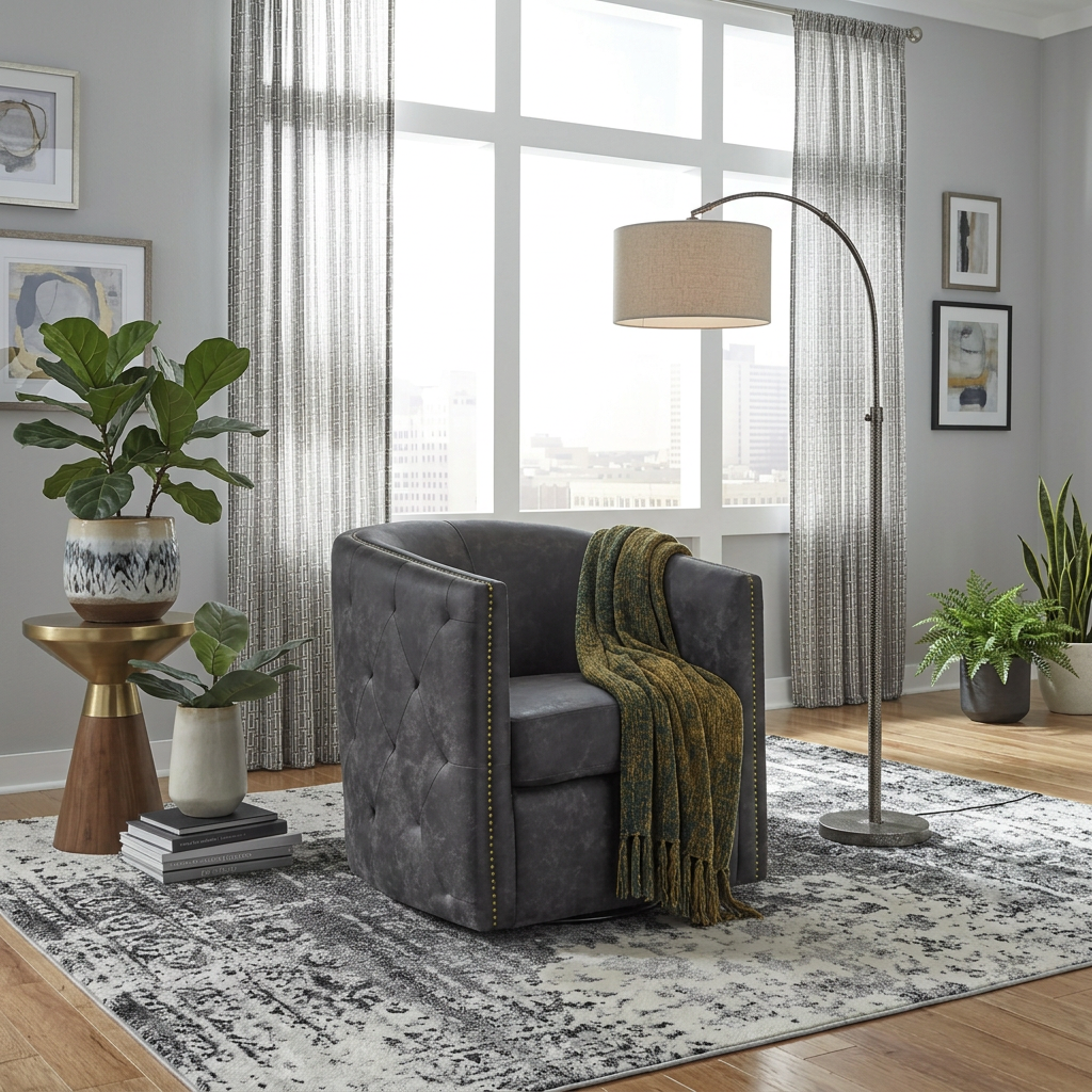 Distressed Black Swivel Accent Chair - 28.75 W x 31 D x 31.5 H