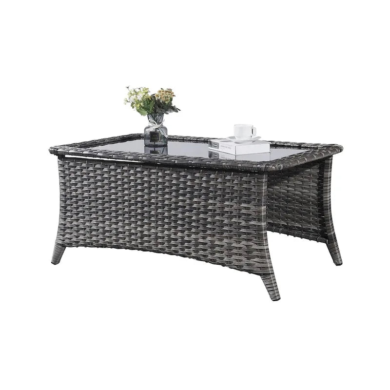 Vlechtwerk-salontafel voor buiten met glazen blad