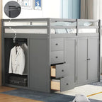 Hochbett aus Holz in Full-Größe mit Kleiderschrank, Schubladen und Stauraumtreppe