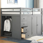 Hochbett aus Holz in Full-Größe mit Kleiderschrank, Schubladen und Stauraumtreppe