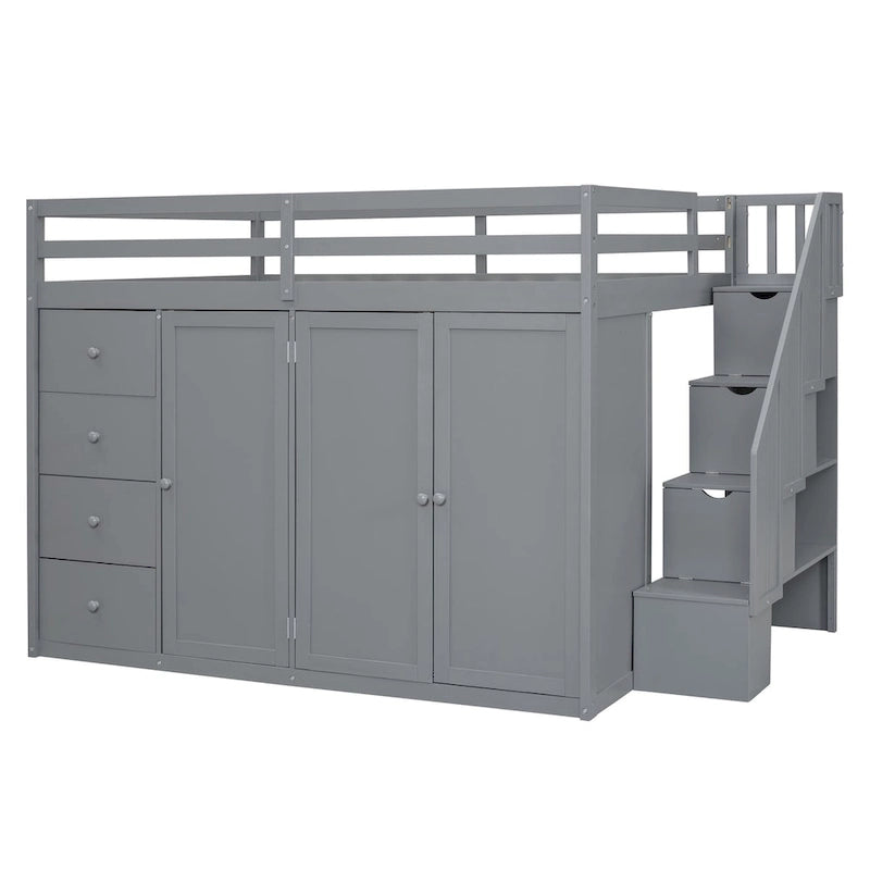 Hochbett aus Holz in Full-Größe mit Kleiderschrank, Schubladen und Stauraumtreppe