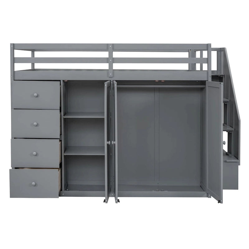 Hochbett aus Holz in Full-Größe mit Kleiderschrank, Schubladen und Stauraumtreppe