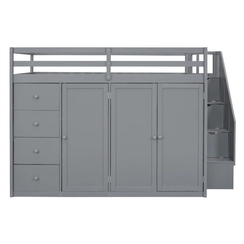 Hochbett aus Holz in Full-Größe mit Kleiderschrank, Schubladen und Stauraumtreppe
