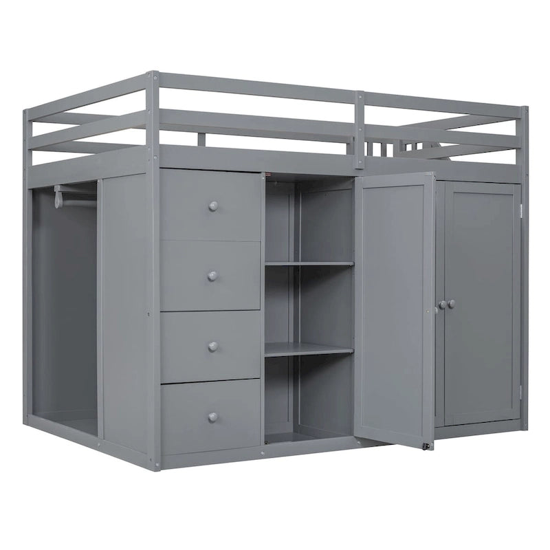Hochbett aus Holz in Full-Größe mit Kleiderschrank, Schubladen und Stauraumtreppe