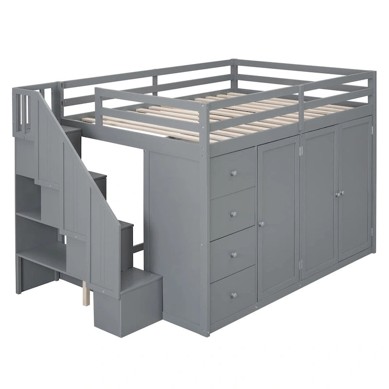 Hochbett aus Holz in Full-Größe mit Kleiderschrank, Schubladen und Stauraumtreppe
