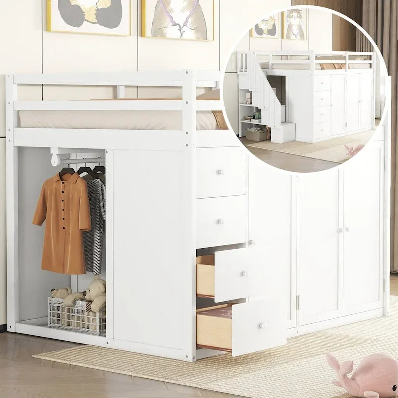 Hochbett aus Holz in Full-Größe mit Kleiderschrank, Schubladen und Stauraumtreppe