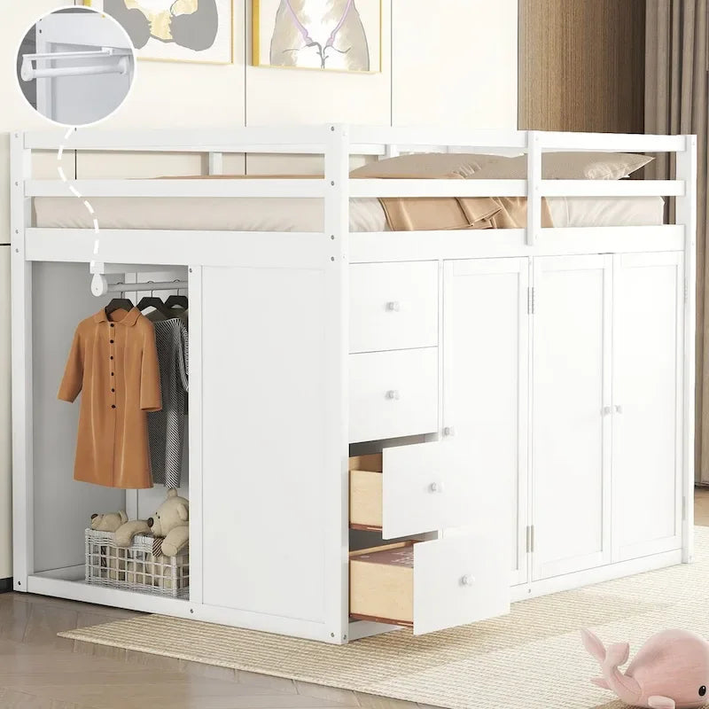 Hochbett aus Holz in Full-Größe mit Kleiderschrank, Schubladen und Stauraumtreppe
