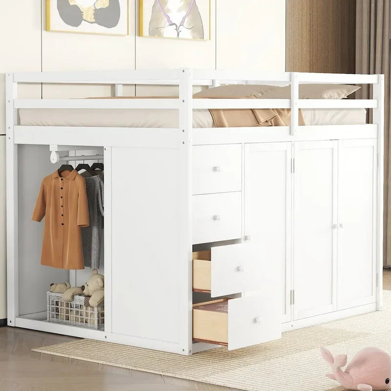 Hochbett aus Holz in Full-Größe mit Kleiderschrank, Schubladen und Stauraumtreppe