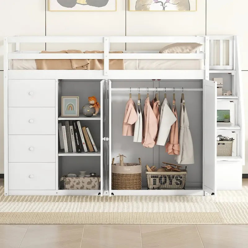 Hochbett aus Holz in Full-Größe mit Kleiderschrank, Schubladen und Stauraumtreppe