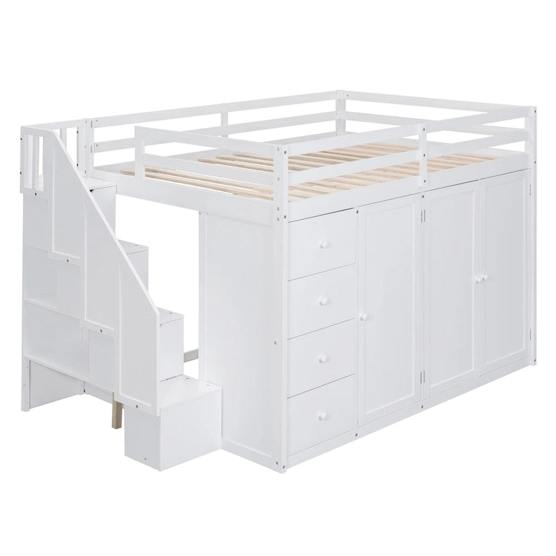 Hochbett aus Holz in Full-Größe mit Kleiderschrank, Schubladen und Stauraumtreppe