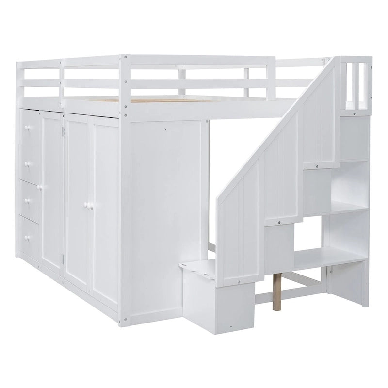 Hochbett aus Holz in Full-Größe mit Kleiderschrank, Schubladen und Stauraumtreppe