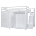 Hochbett aus Holz in Full-Größe mit Kleiderschrank, Schubladen und Stauraumtreppe