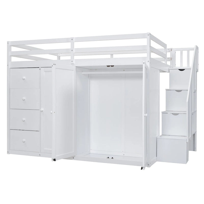 Hochbett aus Holz in Full-Größe mit Kleiderschrank, Schubladen und Stauraumtreppe