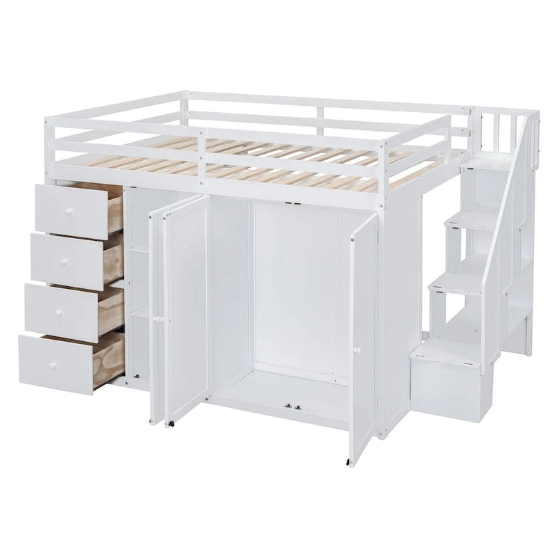 Hochbett aus Holz in Full-Größe mit Kleiderschrank, Schubladen und Stauraumtreppe