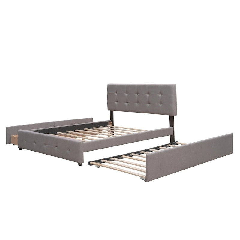 Polsterbett in Queen Size aus Leinenstoff mit 2 Schubladen und Twin-XL-Ausziehbett