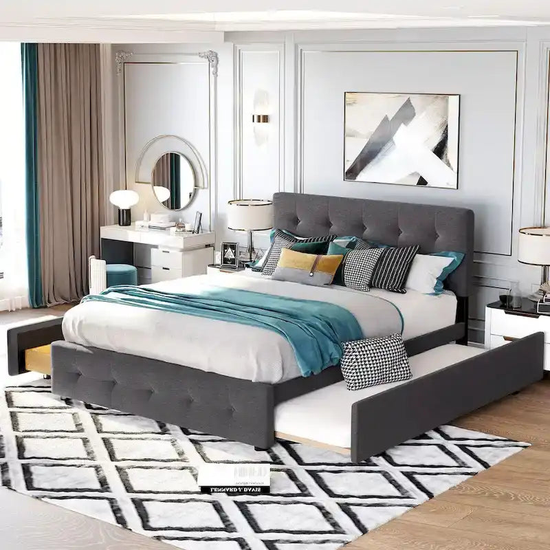 Polsterbett in Queen Size aus Leinenstoff mit 2 Schubladen und Twin-XL-Ausziehbett