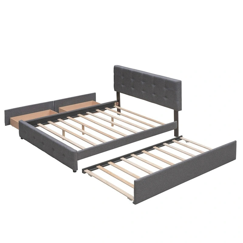 Polsterbett in Queen Size aus Leinenstoff mit 2 Schubladen und Twin-XL-Ausziehbett