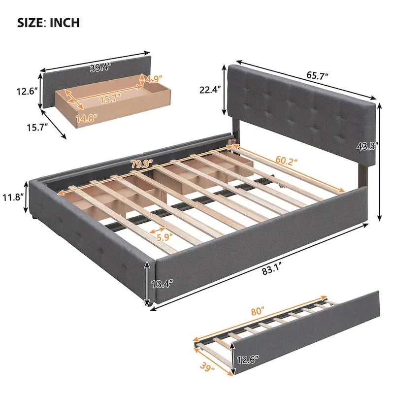 Polsterbett in Queen Size aus Leinenstoff mit 2 Schubladen und Twin-XL-Ausziehbett