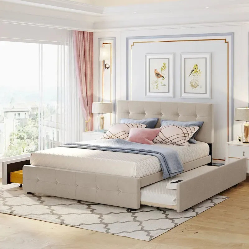 Polsterbett in Queen Size aus Leinenstoff mit 2 Schubladen und Twin-XL-Ausziehbett