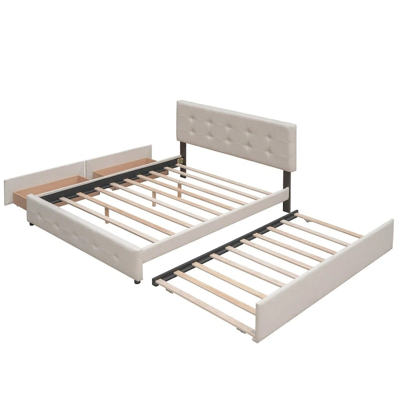 Polsterbett in Queen Size aus Leinenstoff mit 2 Schubladen und Twin-XL-Ausziehbett