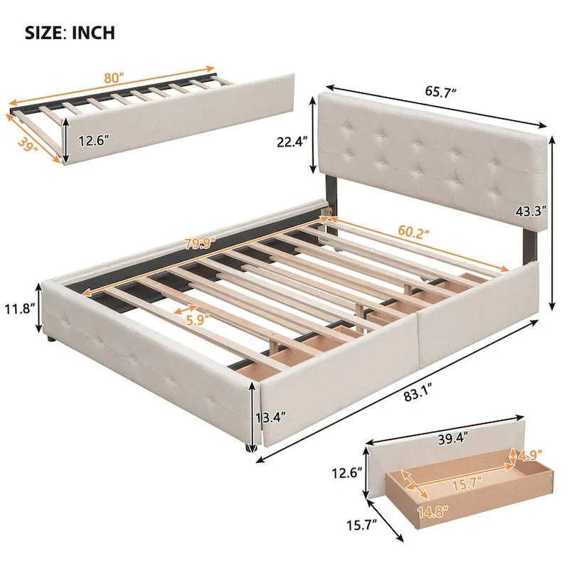 Polsterbett in Queen Size aus Leinenstoff mit 2 Schubladen und Twin-XL-Ausziehbett