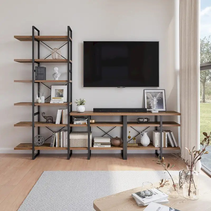 TV-Ständer für Unterhaltungselektronik mit 6-stufigem Bücherregal - 106.3 x 14 x 85 Inches, antikes Walnussholz